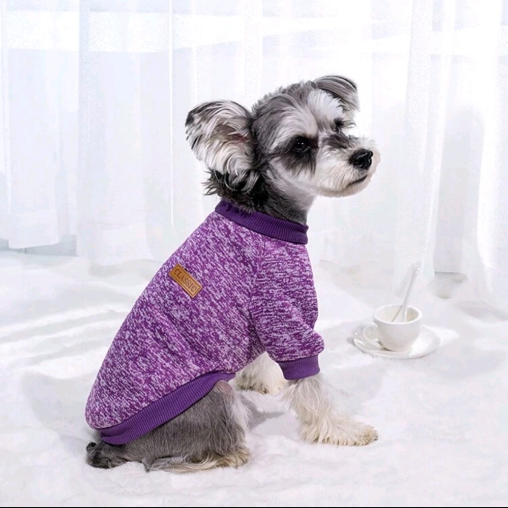 Classic Leather Autumn Fall Knit Sweater for Small Dogs Purple Small